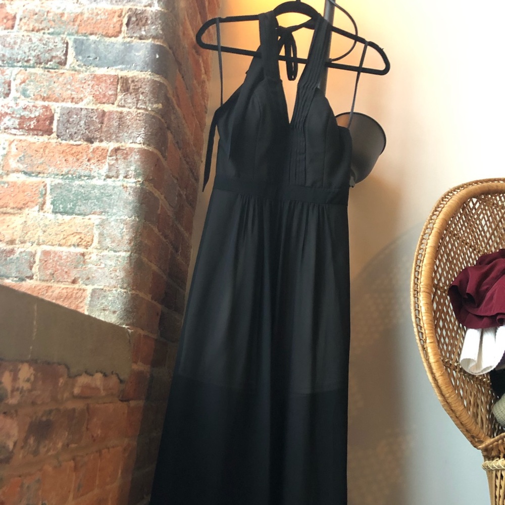 Formal black halter sheer with nude underlay dress